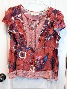 Nurture by Westbound Women’s Boho Floral Ruffle Sleeve Top - Rust Pink Size MD